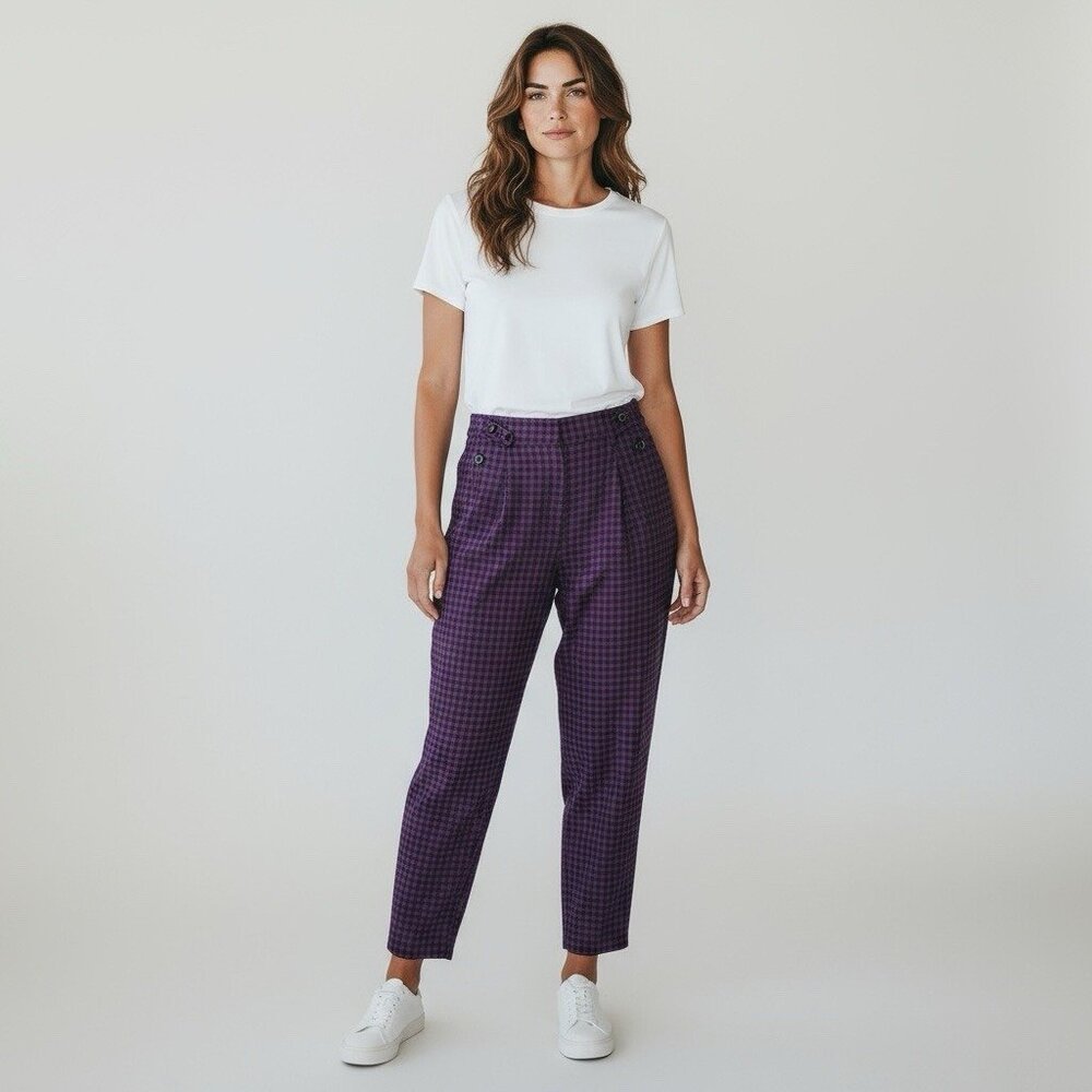 Sundance Women's 8 Pleated High Waist Taper Leg Pants Cropped Gingham Purple EUC